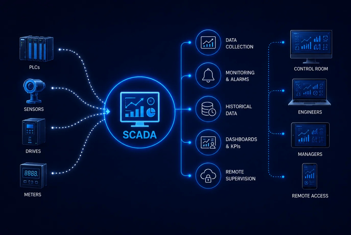 SCADA system architecture — from PLCs and sensors to dashboards and remote access