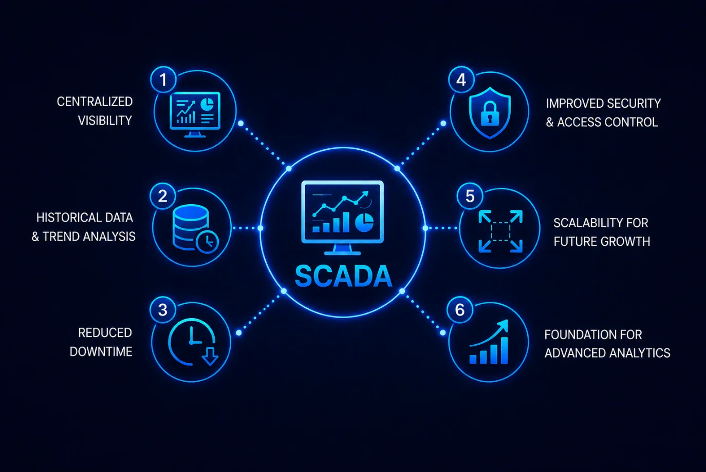 6 key benefits of a SCADA system — centralized visibility, historical data, reduced downtime, security, scalability, advanced analytics