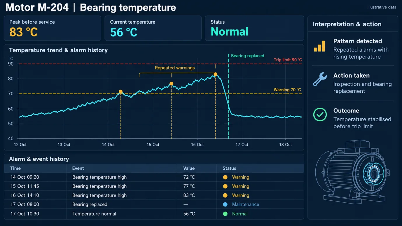 SCADA trend of motor bearing temperature with repeated warnings, alarm history and bearing replacement before the trip limit