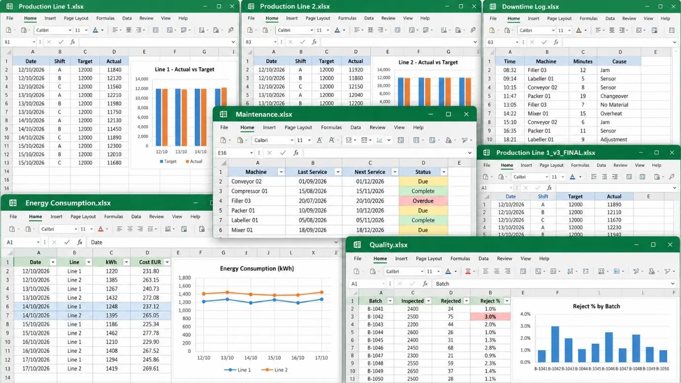 Separate Excel files for each production line, energy, maintenance, downtime and quality