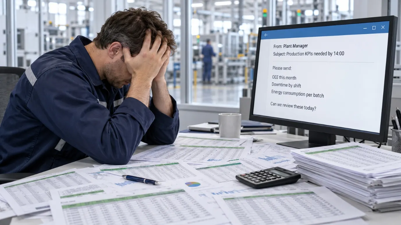 Engineer overwhelmed by printed spreadsheets after a plant manager requests OEE, downtime and energy KPIs