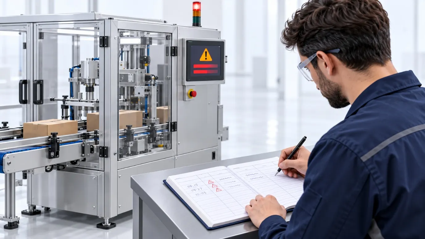 Operator recording machine alarms by hand in a paper logbook