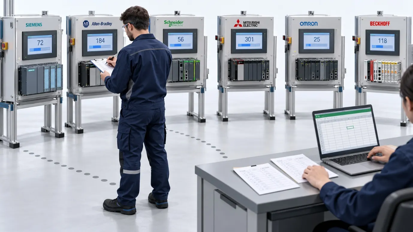 Operator writing down values from PLC panels while a colleague copies them into Excel
